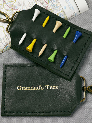 Handmade dark green leather golf tee holder with brass clip, featuring personalised white text. Holds up to six wooden golf tees—perfect golf gift for him, dad, or grandpa