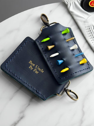 navy blue leather golf tee holder.