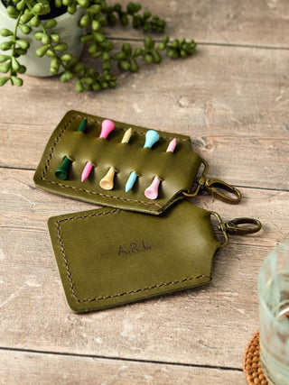 Engraved Personalised Leather Olive Green Golf Tee Holder