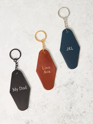 Set of 3 leather keyrings in a diamond art deco shape, inspired by hotel key chains.