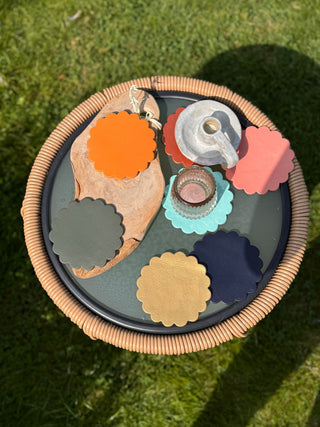 Scalloped Painted Leather Coasters, Perfect Gift for the Home