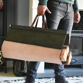 Inside version of the handmade leather log carrier. Hand stitched and made to last.