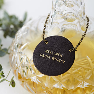 Premium tan leather bottle tag with gold embossed text reading 'Grandad’s Only', attached with an antique-style brass chain. A unique personalised gift for wine and whisky lovers
