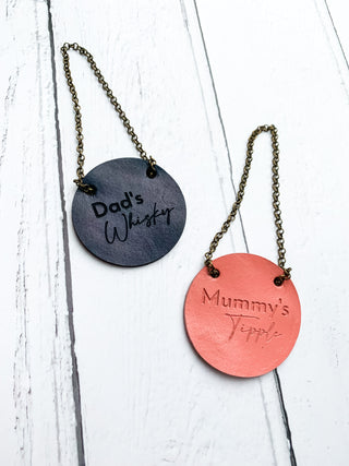 Hand stamped leather bottle tag