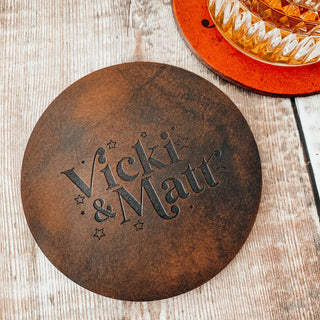 Third Anniversary Leather Coaster with Personalised Initials in a script font