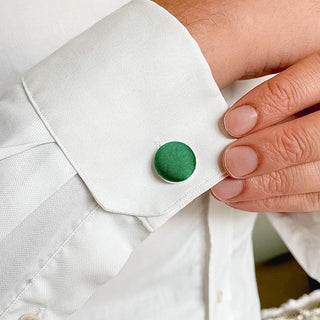 Luxury green silk dupion cufflinks with a high-quality metal base, ideal for weddings, groomsmen, and special occasions. The perfect finishing touch for any formal outfi.