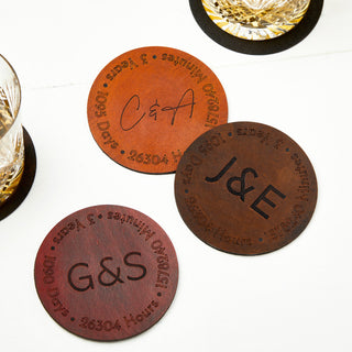 Third Anniversary Leather Coaster with Personalised Initials in a script font