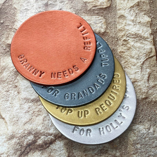 metallic leather coaster, personalised and hand stamped to order