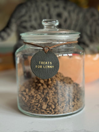 Round Personalised Leather Treat Jar Label For Your Pet, Pet Reward Label.