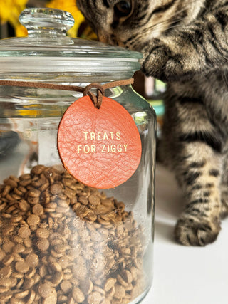 Round Personalised Leather Treat Jar Label For Your Pet, Pet Reward Label.