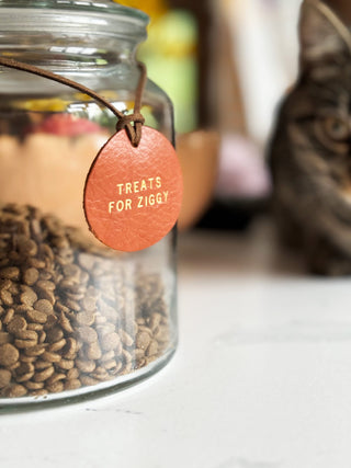 Round Personalised Leather Treat Jar Label For Your Pet, Pet Reward Label.