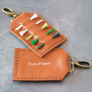 Handmade tan leather golf tee holder with brass clip, featuring personalised white text. Holds up to six wooden golf tees—perfect golf gift for him, dad, or grandpa