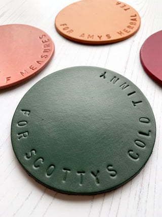 olive green leather coaster personalised with 'for scotty's cold tinny'