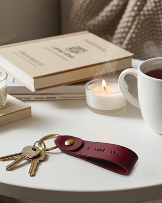 Candlelit scene with a mug of tea, books, and a red leather keychain on a table.