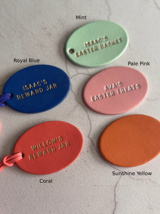 Personalised Oval Leather Reward Jar Label For Kids.