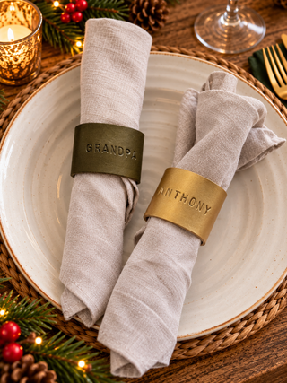 Luxury Christmas Personalised Hand Stamped Leather Napkin Rings