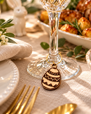 A close-up of a small wooden Easter egg pendant with engraved patterns hanging from a gold ring on a clear glass stemware holder, set on a beige linen tablecloth with plates, gold cutlery, flowers, and a blurred dining scene in the background.