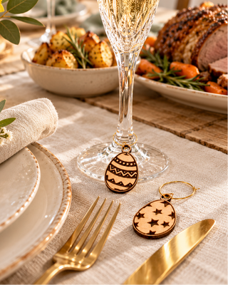 Easter-themed table setting featuring two wooden egg-shaped keychains, one with a geometric pattern and one with star cutouts, displayed on a beige tablecloth next to gold cutlery and a champagne flute.