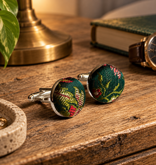 Green Silk Brocade Covered Cufflinks