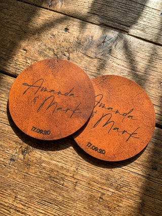 Third Anniversary Leather Coaster with Personalised Initials.