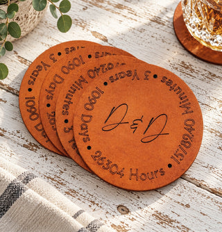 Third Anniversary Leather Coaster with Personalised Initials.