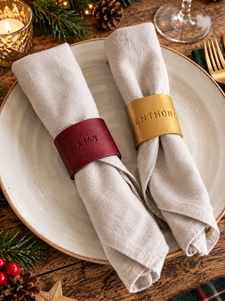 Luxury Christmas Personalised Hand Stamped Leather Napkin Rings