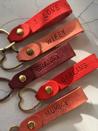 Hand Stamped Personalised Heart Leather Keyring For Her