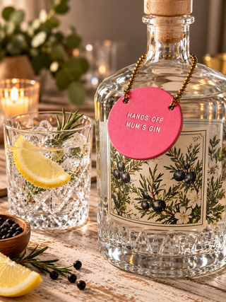 A clear glass gin bottle with a cork stopper and a pink hanging tag reading 'HANDS OFF MUM'S GIN,' styled on a rustic wooden surface beside a cut-glass tumbler with ice, lemon slices, rosemary, and blackberries.