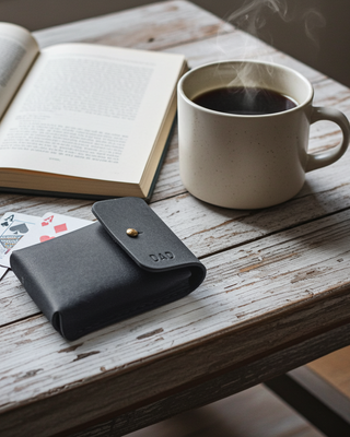 Navywallet, open book, playing cards, and a cup of coffee on a wooden table.