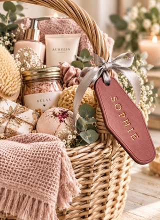 Personalised Leather Hamper Labels – Handmade Gift Basket Tags