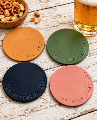 Hand stamped Personalised Circle Leather Coaster
