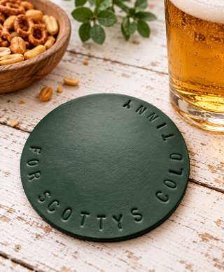 Hand stamped Personalised Circle Leather Coaster