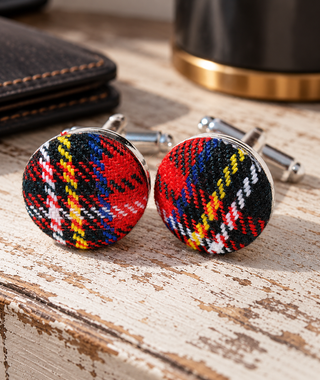 A pair of round cufflinks with a colourful tartan plaid pattern in red, black, yellow, blue, and white, resting on a rustic wooden surface with a dark leather wallet and a black mug in the background.