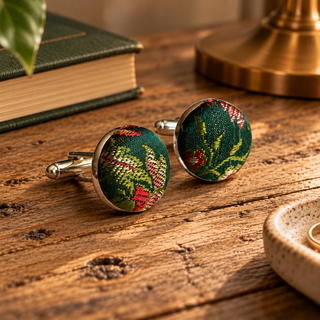 Green Silk Brocade Covered Cufflinks