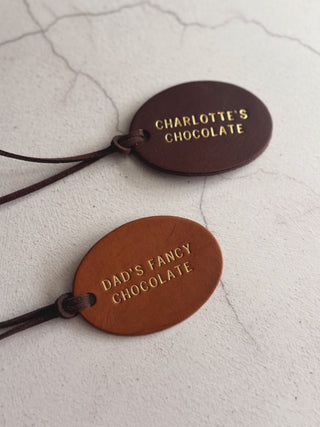 Personalised Oval Leather Chocolate Jar Label