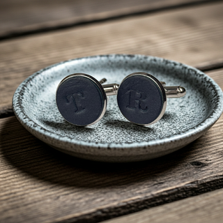 Navy Blue Personalised Leather Single Initial Cufflinks