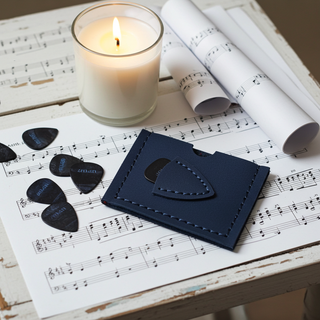 Personalised Navy blue plectrum and card holder.