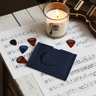 Personalised Navy blue plectrum and card holder.