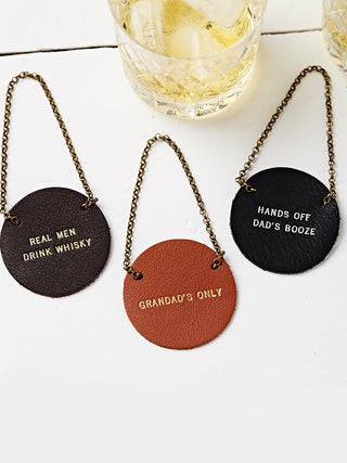 leather bottle tag available in brown, tan or black
