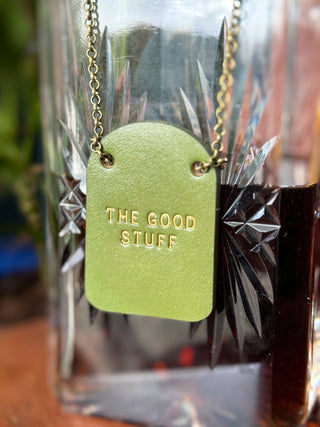 Custom leather bottle tag, perfect for garden parties. Gifts for the home.