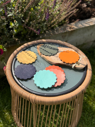 Scalloped Painted Leather Coasters, Perfect Gift for the Home