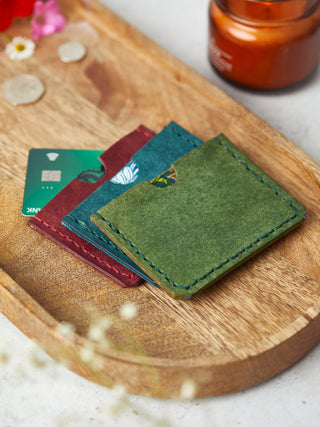 Sage Green Simple Leather Wallet Lined with Brocade Pure Silk