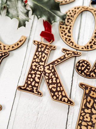 Monogram Leopard Print Detailed Wooden Christmas Decoration, Tree Ornament.