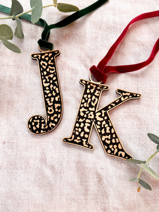 Monogram Leopard Print Detailed Wooden Christmas Decoration, Tree Ornament.