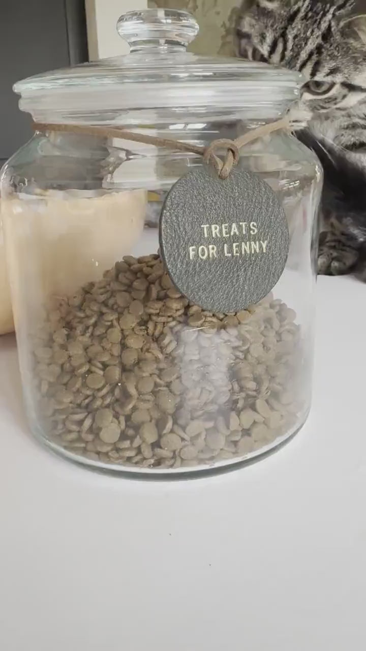 Round Personalised Leather Treat Jar Label For Your Pet, Pet Reward Label.