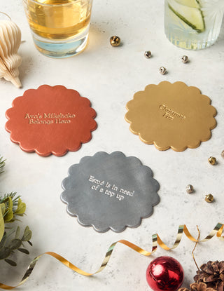 Metallic Scalloped Personalised Leather Coasters.