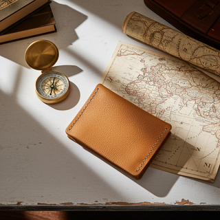 Yellow leather wallet, compass, and vintage map on a textured surface