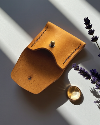 leather yellow pouch opened to reveal the inside