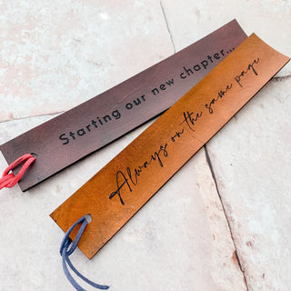 Personalised laser engraved leather bookmarks available in a script or block font.
