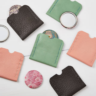 Leather pocket mirror case, pink, mint or grey.